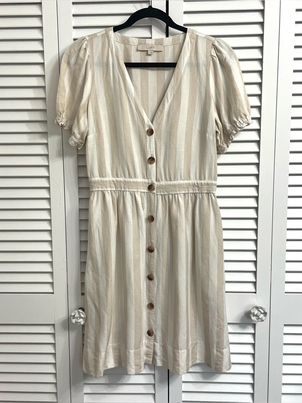Loft Women's Cream & Beige Striped Linen Blend Puff Sleeves Button Up Dress Sz 4